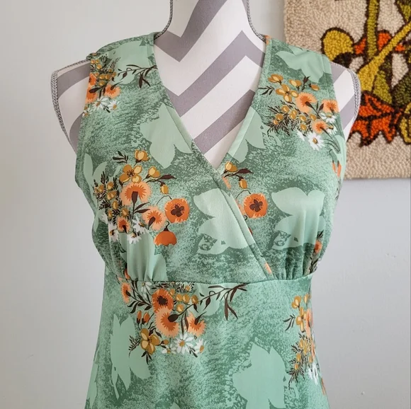 70s Vintage Green Orange Floral Maxi Dress + Shirt Jacket - Picture 9 of 10